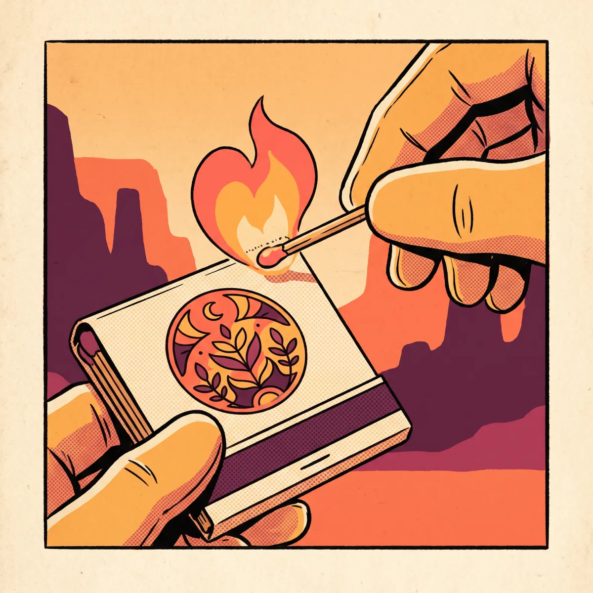 An illustrated spread of date-night scenes in warm retro colors